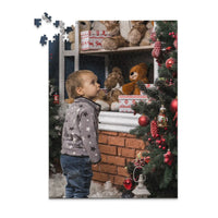 500 piece personalized Christmas puzzle featuring a young boy decorating a Christmas tree