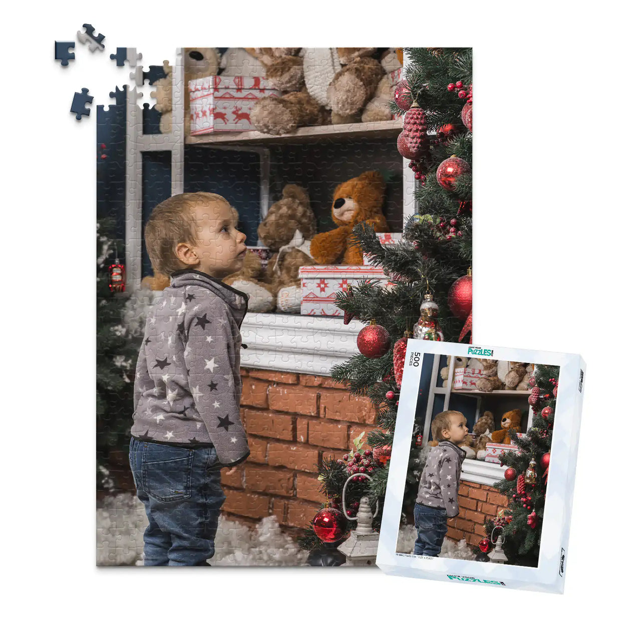 1000 piece personalized Christmas puzzle with a matching puzzle box featuring a young boy decorating a Christmas tree