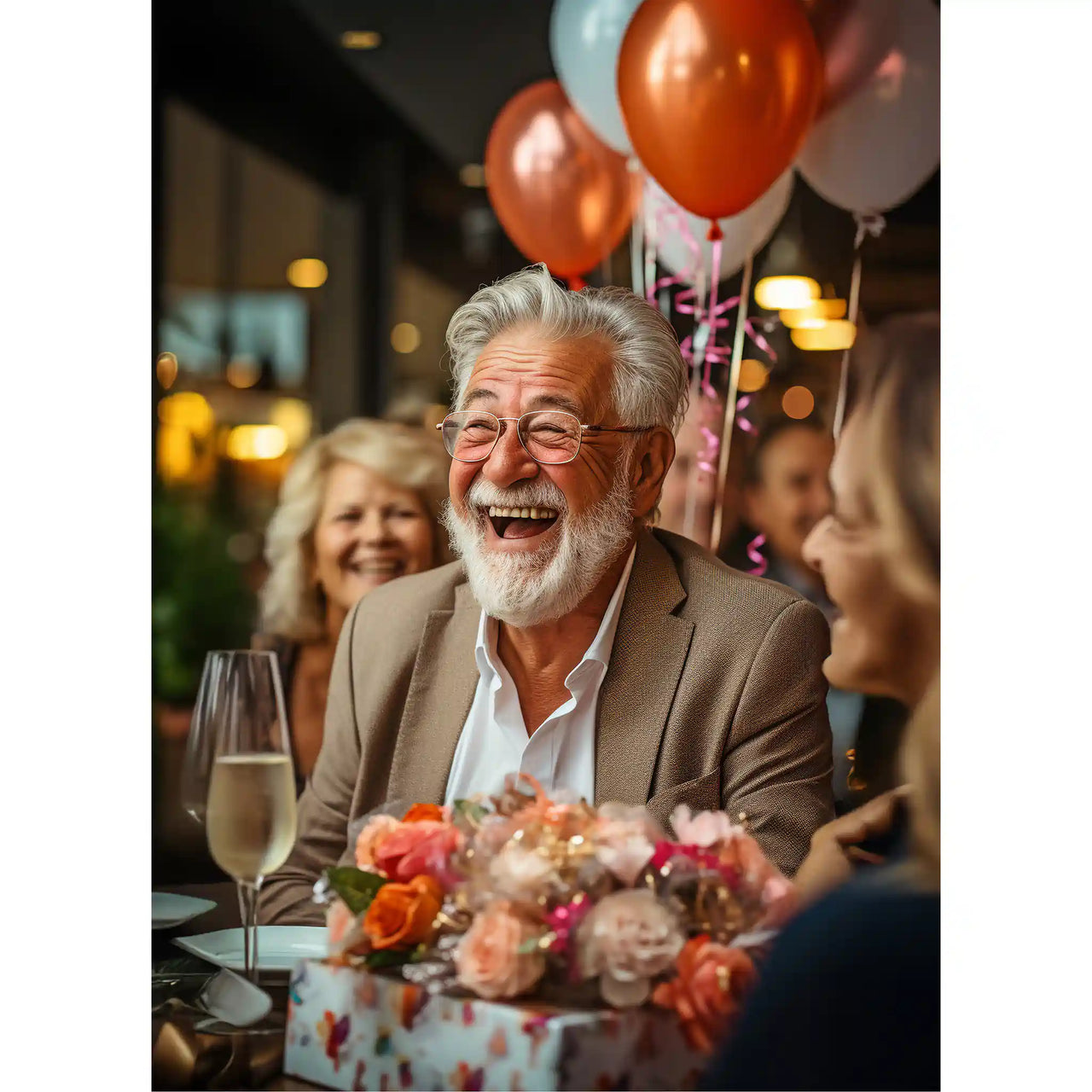 Personalized Birthday Puzzle of an elderly man with a white beard and glasses is laughing joyfully at a birthday celebration, seated at a table with balloons, a champagne flute, and a floral centerpiece in a warmly lit indoor setting.