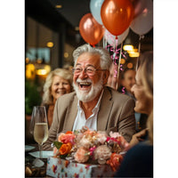 Personalized Birthday Puzzle of an elderly man with a white beard and glasses is laughing joyfully at a birthday celebration, seated at a table with balloons, a champagne flute, and a floral centerpiece in a warmly lit indoor setting.