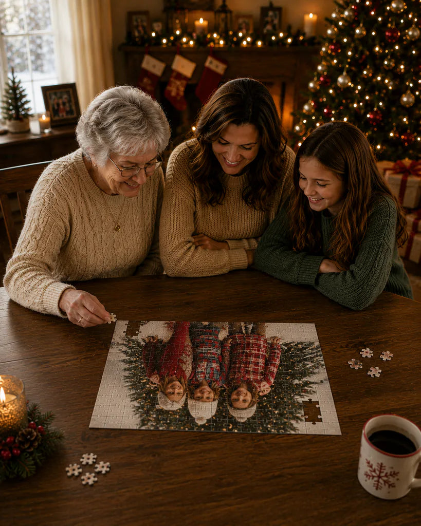 Grandmother, mother and daughter assembling a personalized Christmas puzzle from a family holiday photo