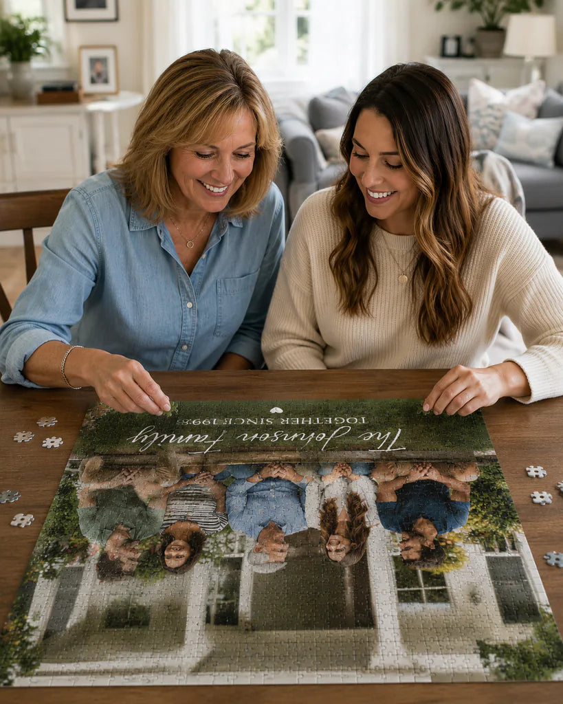 Mother and Daughter assembling personalized puzzle with text