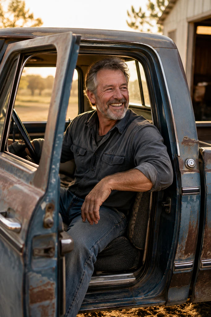 Dad smiling in a vintage pickup truck, representing favorite memories and personal stories for puzzles for Dad