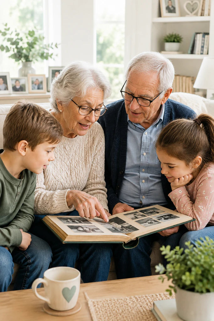 Grandparents sharing family memories with their grandchildren while looking through a photo album
