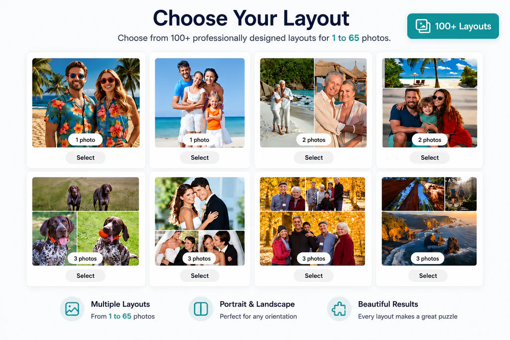 Custom photo puzzle designer showing puzzle size and orientation options
