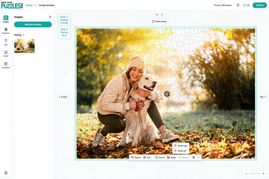 Photo puzzle designer showing an uploaded image with personalization tools