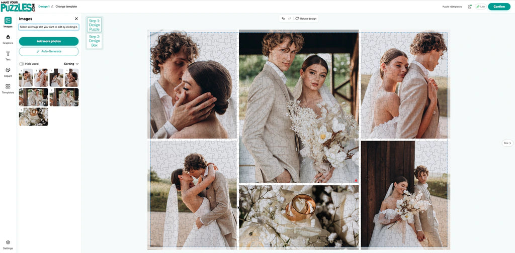 Photo puzzle designer showing an uploaded images in a collage grid with personalization tools