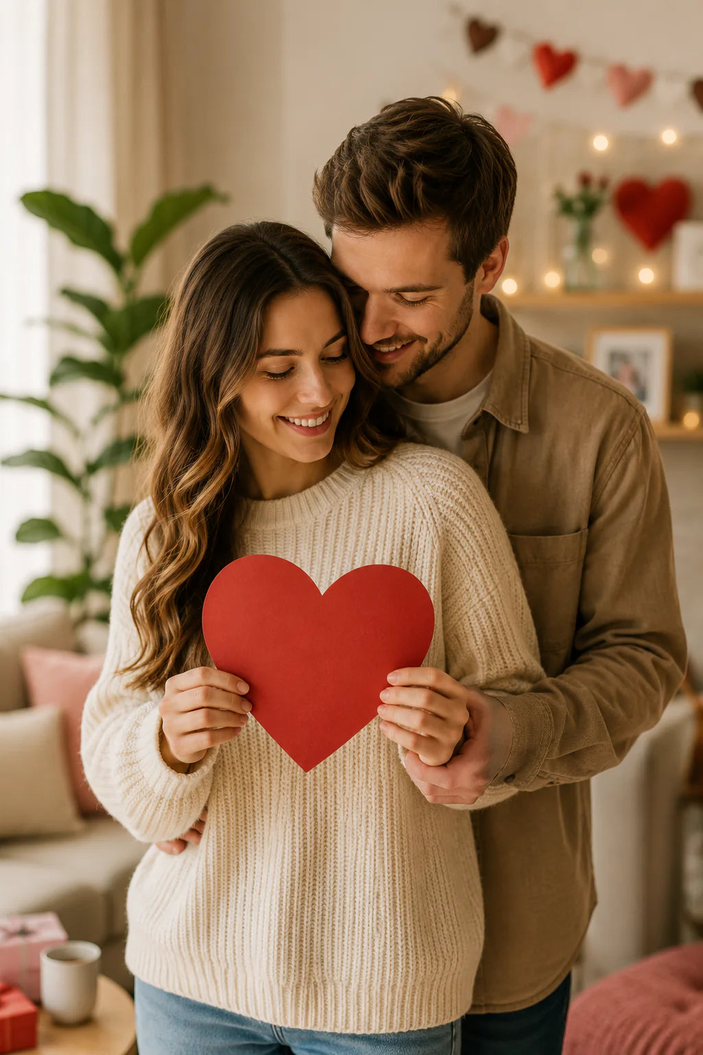 Couple celebrating Valentine’s Day together at home with a red heart