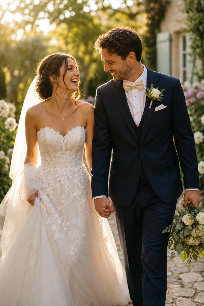 Bride and groom walking hand in hand after their ceremony, a perfect wedding photo for creating wedding puzzles.