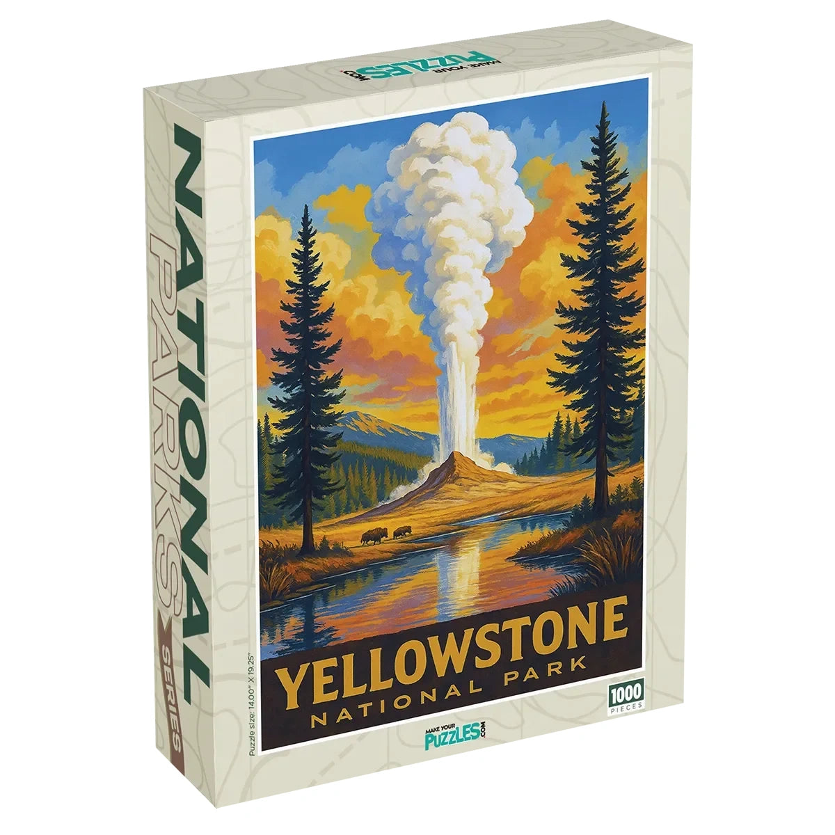 Yellowstone National Park Puzzle Geyser scene with a 1000 piece jigsaw puzzle box by MakeYourPuzzles