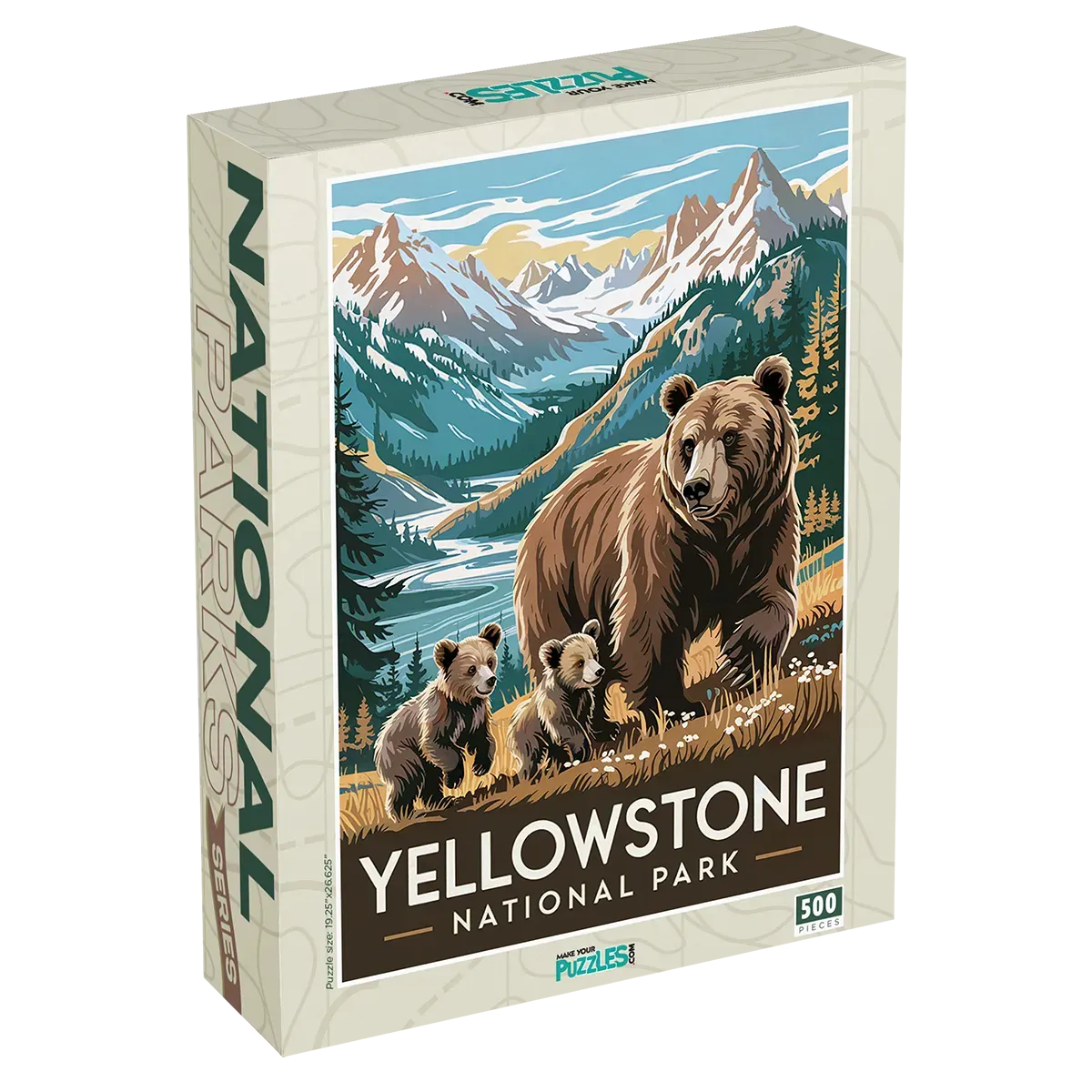 Yellowstone National Park Grizzly Family 500 piece puzzle box by MakeYourPuzzles