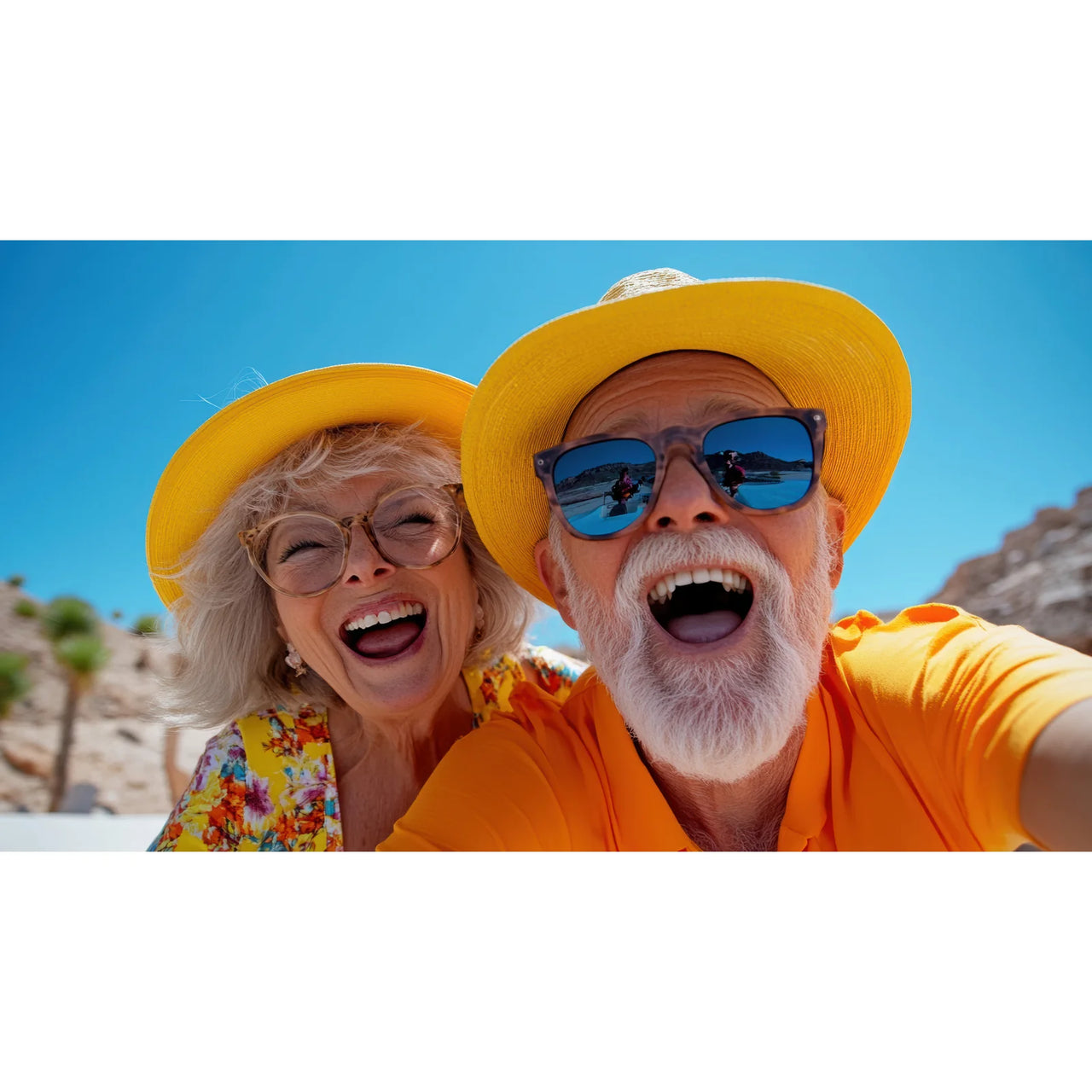 Personalized Couple Puzzle of a smiling older couple taking a selfie outdoors under a bright blue sky. The man wears a yellow sun hat, blue sunglasses, and an orange shirt, while the woman wears a matching yellow sun hat and a colorful floral top.