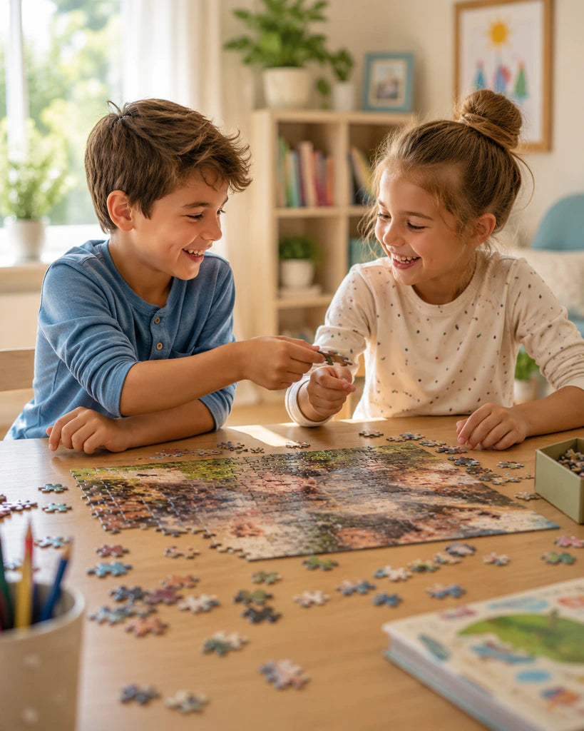 Two smiling children enjoying a custom puzzle for kids together in a bright family home.