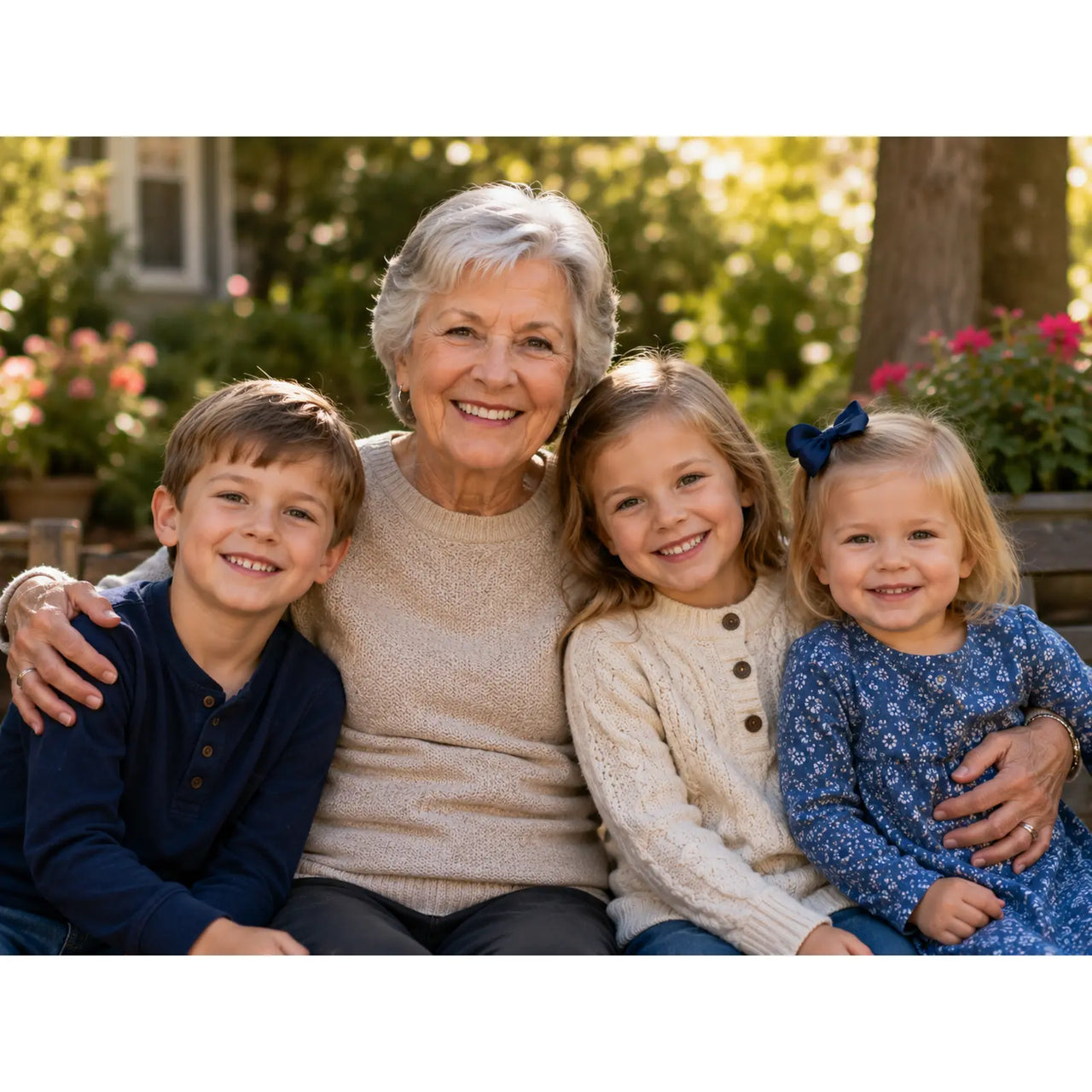 Personalized Puzzle for Grandparents showing a Grandma with short gray hair smiles warmly while sitting outdoors with her three grandchildren. The children are smiling too, and the background shows a softly blurred garden setting with greenery and flowers.
