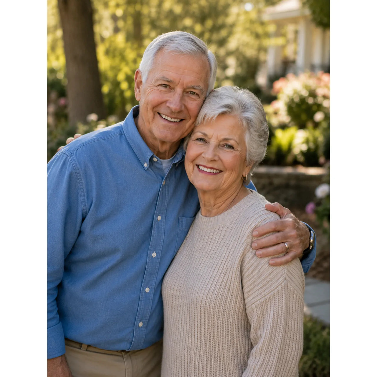 Personalized Puzzle for Grandparents showing an elderly couple embracing outdoors in a sunny garden setting. The man wears a blue button-down shirt and khaki pants, while the woman wears a beige ribbed knit sweater.