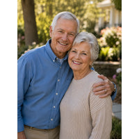 Personalized Puzzle for Grandparents showing an elderly couple embracing outdoors in a sunny garden setting. The man wears a blue button-down shirt and khaki pants, while the woman wears a beige ribbed knit sweater.