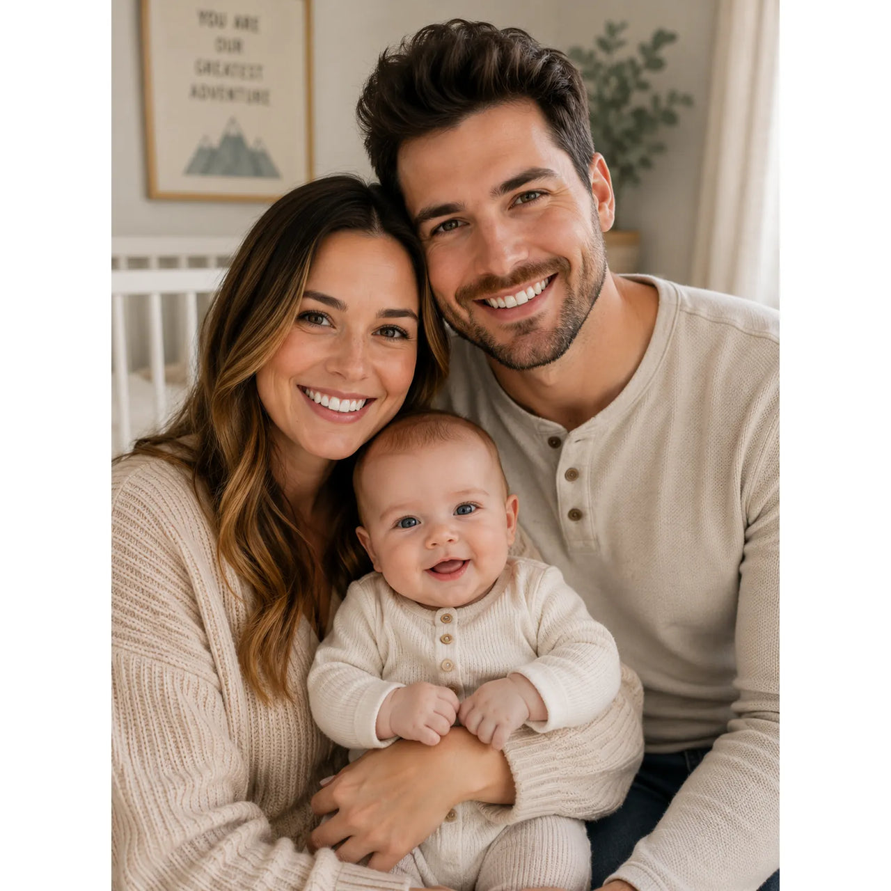 Personalized Puzzle for New Parents showing a smiling family portrait featuring a young couple holding a baby in a cozy, brightly lit nursery.