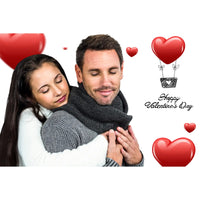 Personalized Valentine Puzzle landscape orientation of a man and a woman embracing on a white background with red heart graphics, a hot air balloon heart, and the text 'Happy Valentine's Day'.